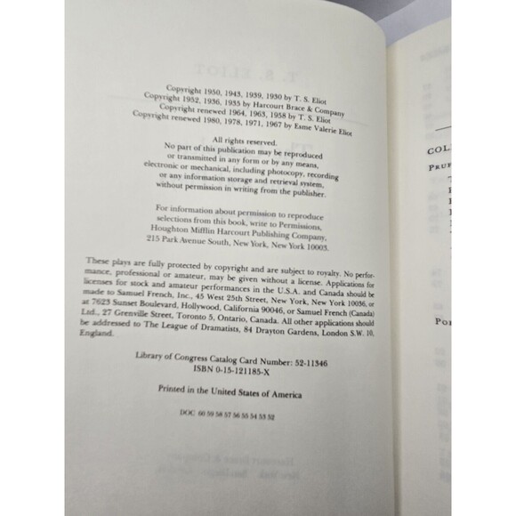 T. S. ELIOT The Complete POEMS AND PLAYS 1909-1950 Hardcover Dust Jacket 1962 - Picture 10 of 11
